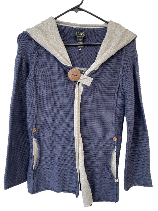 Pure Handknit Jackets & Blazers - Pure Handknit Hooded Cardigan Jacket Petite Textured Knit Long Sleeve Navy NEW
